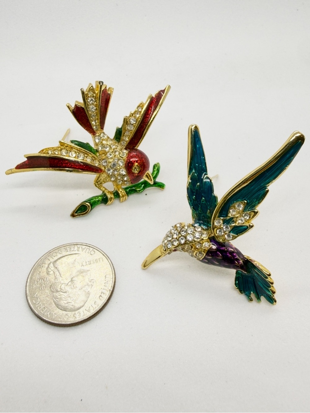 Vintage Enamel Rhinestone Bird Brooch Lot Hummingbird & Songbird Pins